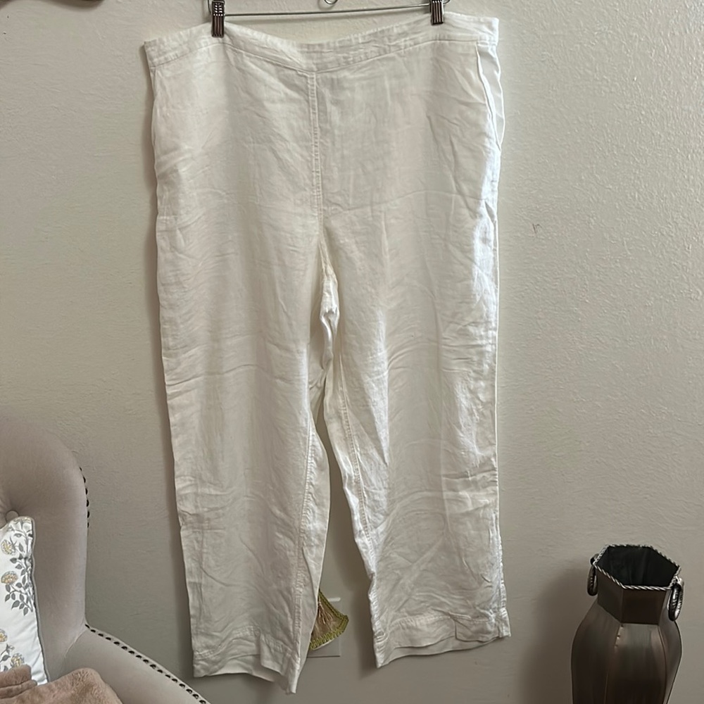 Chico’s 100% white linen pants.  Size 4R